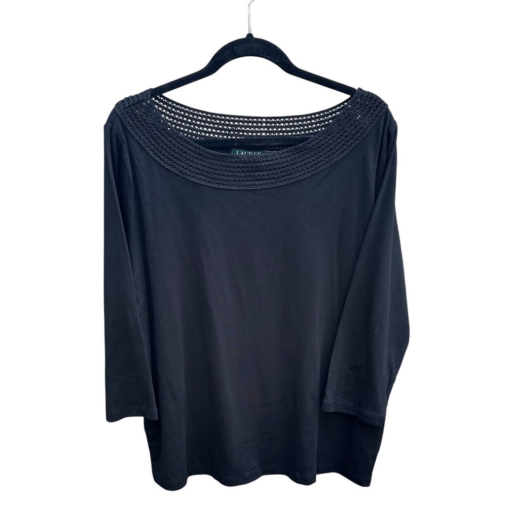Lauren Ralph Lauren Black Cotton Crochet Lattice Neck Top 3/4 Sleeve 3X